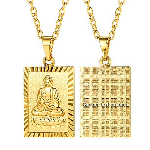 GoldChic Vintage Amitabha Buddha Kupfer Rechteck Anhänger mit Personalisierte Grvur 18K Vergoldet Buddha Haupt Portrait Amulett Unisex Anhänger 50cm + 5cm Verlängerungskette von GOLDCHIC JEWELRY