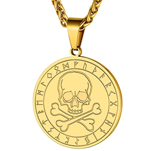 GoldChic Wikinger Totenkopf Schädel Anhänger Halskette mit Lüne Zeichen Gravur Edelstahl Biker Gotik Totenkopf Skull Anhänger Halskette Totenkopf Beads Charm in Gold mit 55cm+5cm Kette von GoldChic