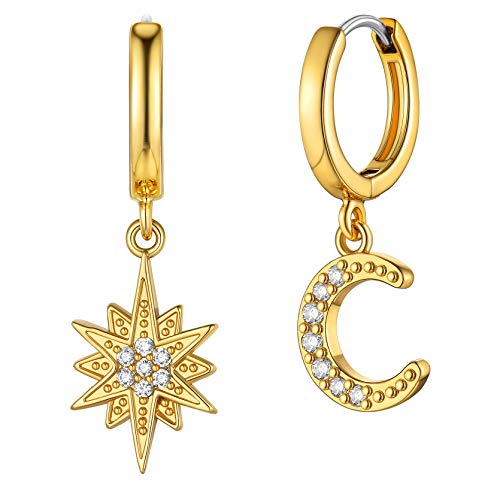 Klein Creolen aus Kupfer 13mm Damen Kreolen mit Mond und Stern Zirkonia Anhänger 18K Vergoldet Vintage Huggie Hoop mit S925 Silber Ohrnadeln von GoldChic