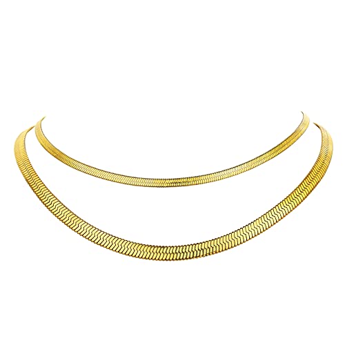 Stapelbare doppellagige Flache Schlangenkette aus Edelstahl in 3mm 5mm Fischgrätenmuster Choker Collier Schlichte Kette ohne Anhänger Modeschmuck mit 32cm+9cm und 38cm+9cm Kette in Gold von GOLDCHIC JEWELRY