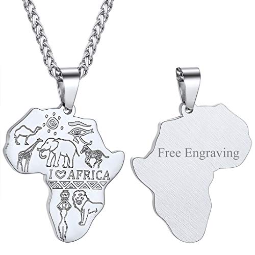 Tier Afrika Landkarten Anhänger mit I LOVE AFRICA Gravur mit Wunsch-Motiven Profil Afrika Karte Kette Edelstahl Retro Viking Stil mit 56cm+5cm Kette in Silber für Geburtstag Valentinstag Jubiläum von GOLDCHIC JEWELRY