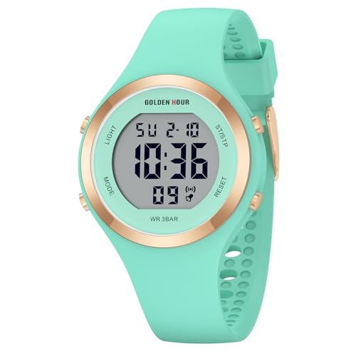 GOLDEN HOUR Digital Uhr Damen 5ATM wasserdichte Sport Chronograph Silikonarmband Armbanduhr Damen Sportlich Elegant Uhren Damen mit Datum Leuchtend Leicht ablesbares Zifferblatt - Green GOLDEN HOUR Digital Uhr Damen 5ATM wasserdichte Sport Chronograph Silikonarmband Armbanduhr Damen Sportlich Elegant Uhren Damen mit Datum Leuchtend Leicht ablesbares Zifferblatt - Green von GOLDEN HOUR