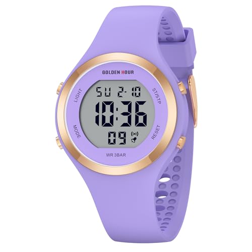 GOLDEN HOUR Digital Uhr Damen 5ATM wasserdichte Sport Chronograph Silikonarmband Armbanduhr Damen Sportlich Elegant Uhren Damen mit Datum Leuchtend Leicht ablesbares Zifferblatt - Purple von GOLDEN HOUR
