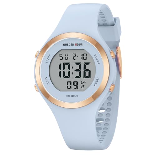 GOLDEN HOUR Digital Uhr Damen 5ATM wasserdichte Sport Chronograph Silikonarmband Armbanduhr Damen Sportlich Elegant Uhren Damen mit Datum Leuchtend Leicht ablesbares Zifferblatt von GOLDEN HOUR