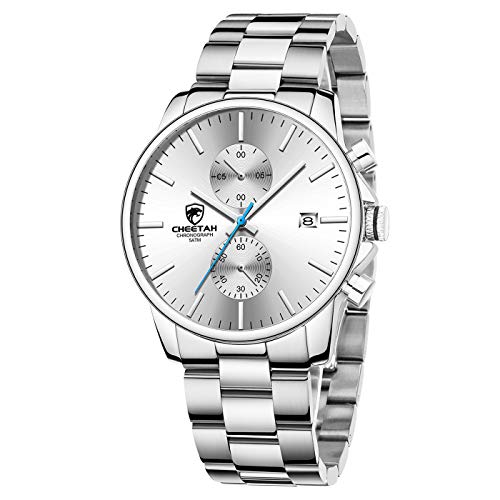 GOLDEN HOUR Herrenuhren mit versilberter wasserdichter Chronographen-Quarzuhr aus Edelstahl und Metall, Auto Date in weißem Zifferblatt GOLDEN HOUR Herrenuhren mit versilberter wasserdichter Chronographen-Quarzuhr aus Edelstahl und Metall, Auto Date in weißem Zifferblatt von GOLDEN HOUR