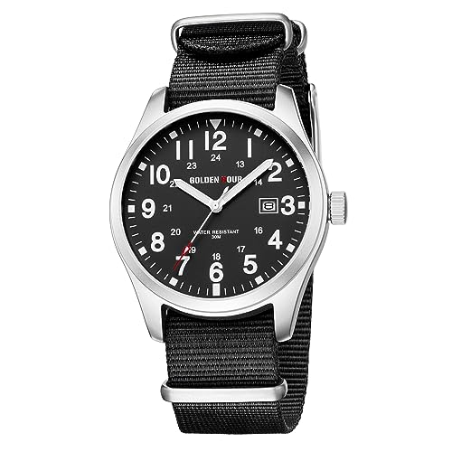 GOLDEN HOUR Uhren Herren aus Nylon mit durchgehendem Armband und Militärzeit, leicht ablesbares Zifferblatt, leuchtende Zeiger, 12/24-Stunden-Anzeige, Datumsanzeige wasserdichte Sport-Digitaluhren von GOLDEN HOUR