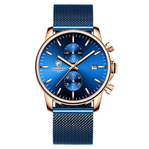 Herrenuhr Mode Schlanke minimalistische Quarz Analog Mesh Edelstahl wasserdichte Chronographen Uhren, Auto Date in Gold Zeiger, Farbe: Rose Gold Tone Blue von GOLDEN HOUR