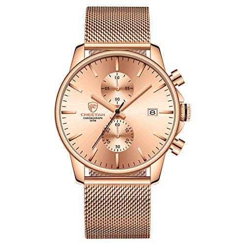 Herrenuhr Mode Schlanke minimalistische Quarz Analog Mesh Edelstahl wasserdichte Chronographen Uhren, Auto Date in schwarzen Zeigern, Farbe: Roségold von GOLDEN HOUR