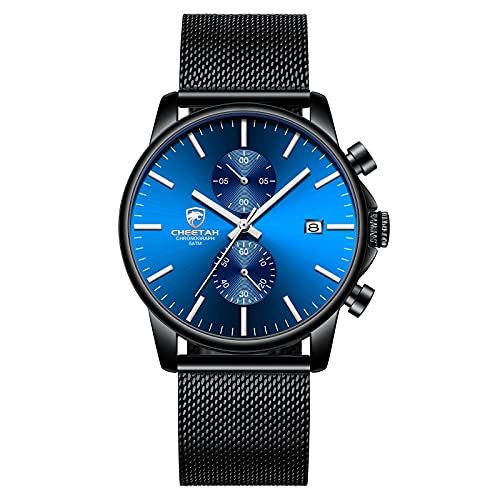 GOLDEN HOUR Herrenuhr Mode Schlanke minimalistische Quarz Analog Mesh Edelstahl wasserdichte Chronographen Uhren (Black/Blue Dial) von GOLDEN HOUR