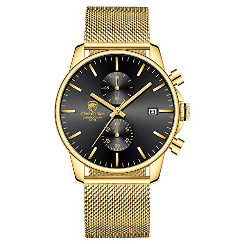 GOLDEN HOUR Herrenuhr Mode Schlanke minimalistische Quarz Analog Mesh Edelstahl wasserdichte Chronographen Uhren (Gold/Black Dial) von GOLDEN HOUR