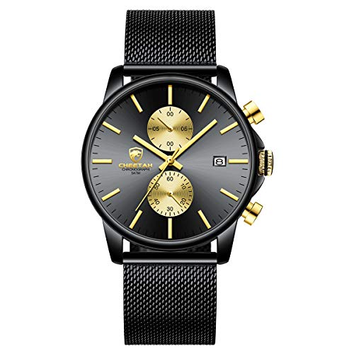 Herrenuhr Mode Sport Quarz Analog Mesh Edelstahl wasserdichte Chronographen Uhren, Auto Date in Gold Zeiger, Farbe: Gold Schwarz von GOLDEN HOUR