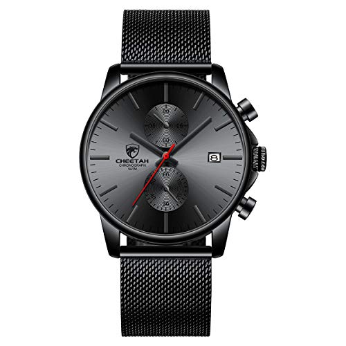 Herrenuhr Mode Sport Quarz Analog Mesh Edelstahl wasserdichte Chronographenuhren, Auto Date in roten Zeigern, Farbe: Schwarz von GOLDEN HOUR