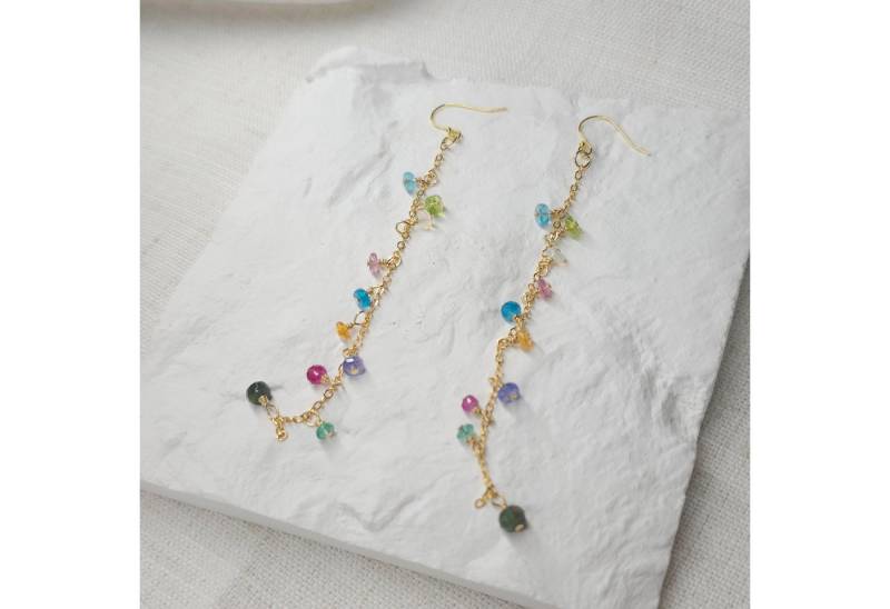 GOLDEN Paar Ohrhänger Regenbogen Edelstein Kettenanhänger, zierliche mehrfarbige Ohrringe von GOLDEN