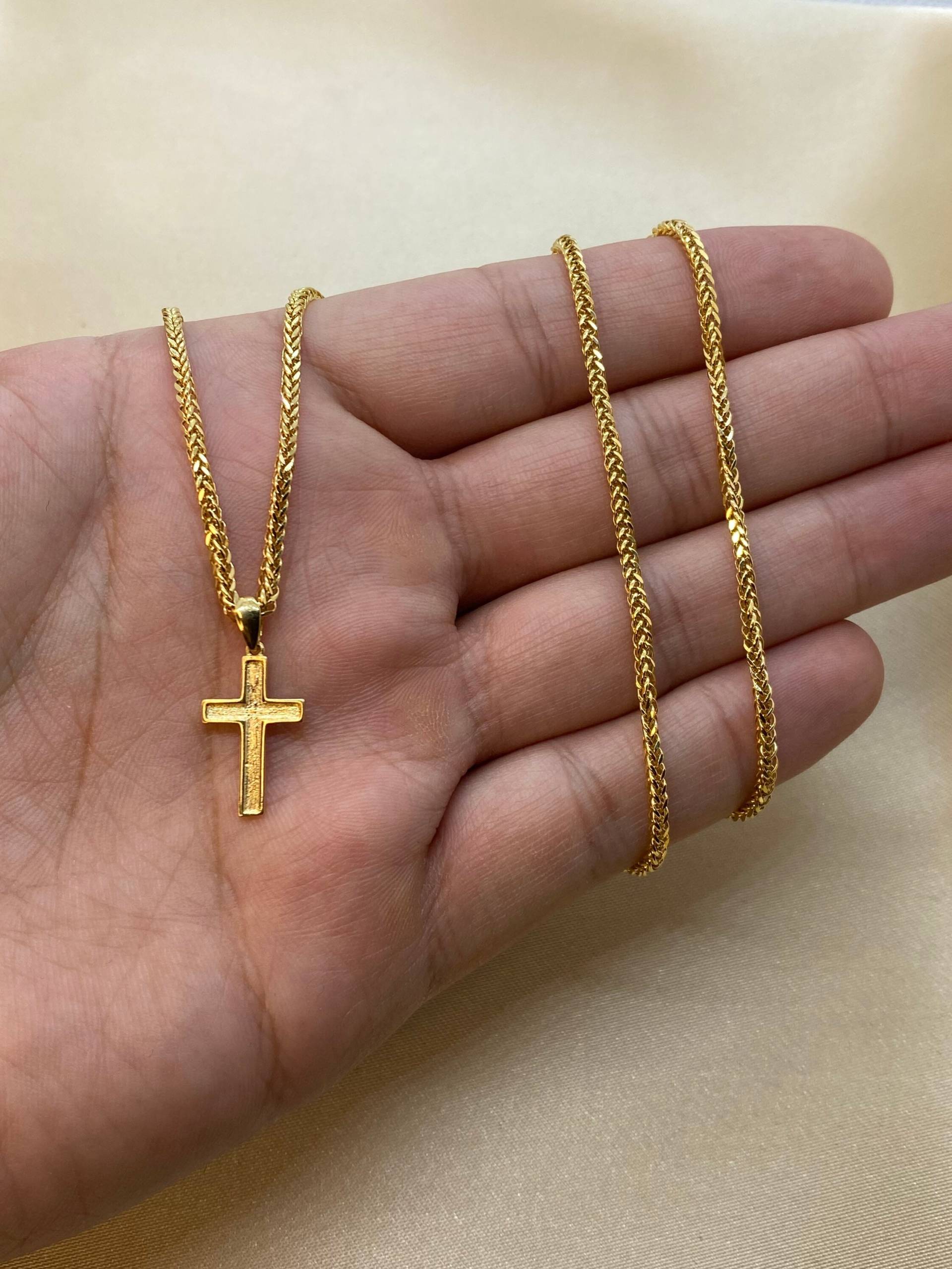 18K Solid Gold Kreuz Halskette Mit Franco-Kette Diamantschliff So Glänzend Und Langlebig, 19, 5 Zoll, 2mm von GOLDENMARYCANADA