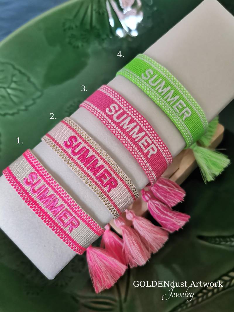Summer Stoffarmband Bestickt Mit Spruch Neongrün Pink Weiß, Gewebtes Festival Armband Stoff, Sommer Trend Armbänder Quasten Für Urlaub Summer Stoffarmband Bestickt Mit Spruch Neongrün Pink Weiß, Gewebtes Festival Armband Stoff, Sommer Trend Armbänder Quasten Für Urlaub von GOLDENdustArtwork