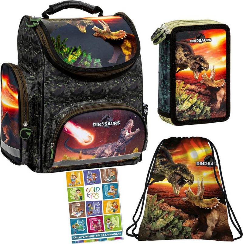 GOLDKIDS Schulranzen 4er Set Ranzen (Tornister Federmappe Turnbeutel, 1-tlg., Turnsack Aufgabenheft für die), Grundschule Dinosaurier Dino Motiv von GOLDKIDS