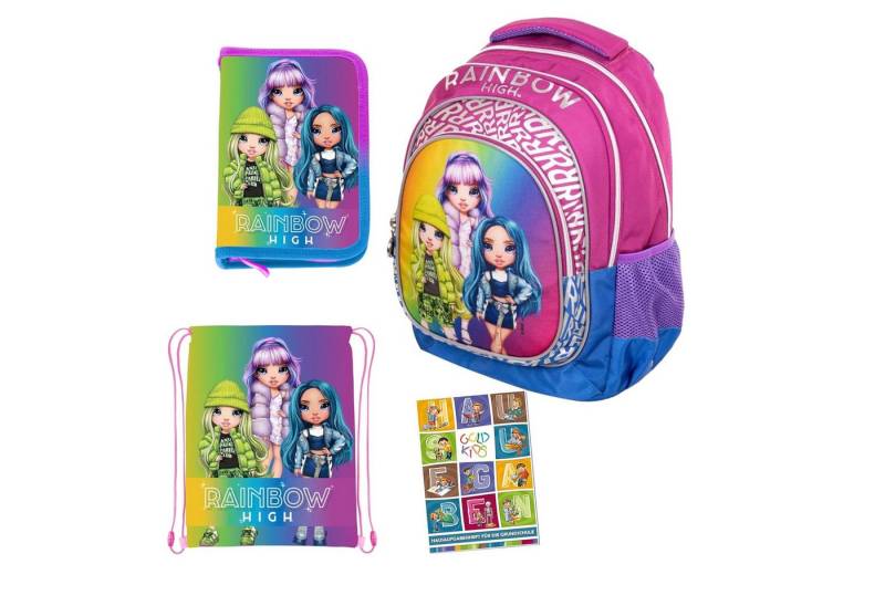 GOLDKIDS Schulranzen 4er Set Schulrucksack Rucksack Federmappe Turnbeutel (Aufgabenheft Rainbow High Motiv, 1-tlg., geeignet ab der ersten Klasse der), Grundschule von GOLDKIDS