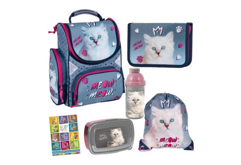 GOLDKIDS Schulranzen Katze Cat Motiv ergonomischer Ranzen Federmappe (Turnbeutel Brotdose Trinkflasche, 1-tlg., Aufgabenheft für die Grundschule 6er Set), Geeignet ab der ersten Klasse der Grundschule von GOLDKIDS