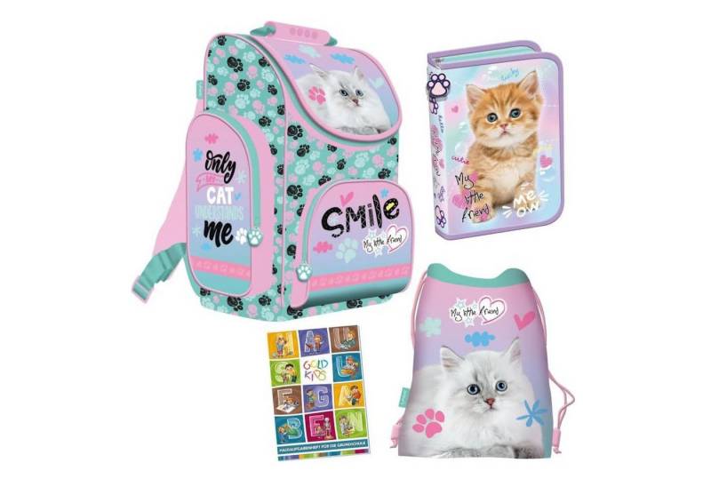 GOLDKIDS Schulranzen My Little Friend (Set Ranzen Federmappe Turnbeutel, 1-tlg., Aufgabenheft Pastel Cat Katze), 4-teilig von GOLDKIDS