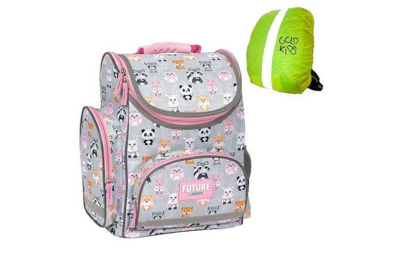 GOLDKIDS Schulranzen Ranzen rosa grau Tornister (Schulranzen mit Tierchen Motiv für Mädchen, 1-tlg., ab der 1. Klasse Grundschule ink), Regenschutz von GOLDKIDS