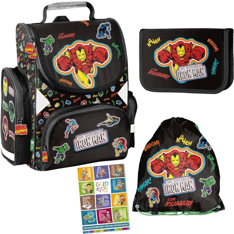 GOLDKIDS Schulranzen Set Avengers Marvel ergonomischer Ranzen (Federmappe Turnbeutel Aufgabenheft, 1-tlg., für die Grundschule 4er Set. Geeignet), ab der ersten Klasse der Grundschule. von GOLDKIDS