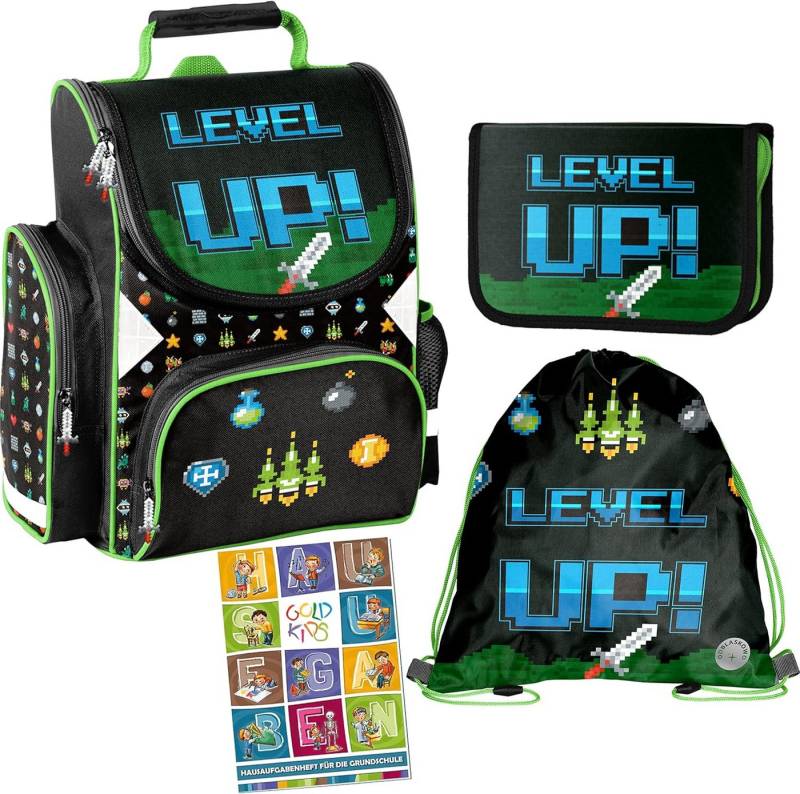 GOLDKIDS Schulranzen Set Game Level Up ergonomischer Ranzen Federmappe (Turnbeutel Aufgabenheft für die, 1-tlg., Grundschule 4er Set. Geeignet ab der), ersten Klasse der Grundschule. von GOLDKIDS
