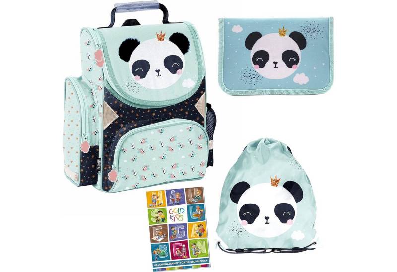 GOLDKIDS Schulranzen Set Panda Motiv ergonomischer Ranzen Federmappe (Turnbeutel Aufgabenheft für die, 1-tlg., Grundschule 4er Set. Geeignet ab der), ersten Klasse der Grundschule. von GOLDKIDS