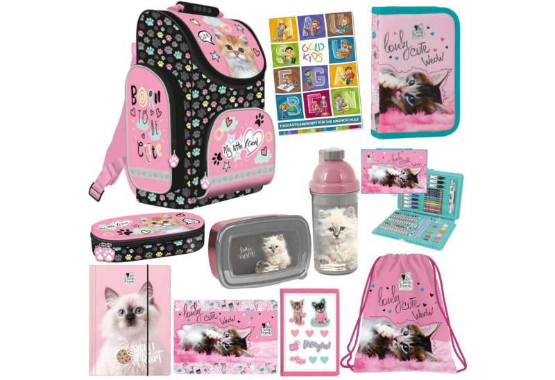 GOLDKIDS Schulranzen Set XXL 11er Ranzen Tornister Federmappe (Turnbeutel Brotdose Trinkflasche, 1-tlg., Kreative- Set Aktenmappe Stiftetasche), Aufgabenheft Katze Motiv von GOLDKIDS