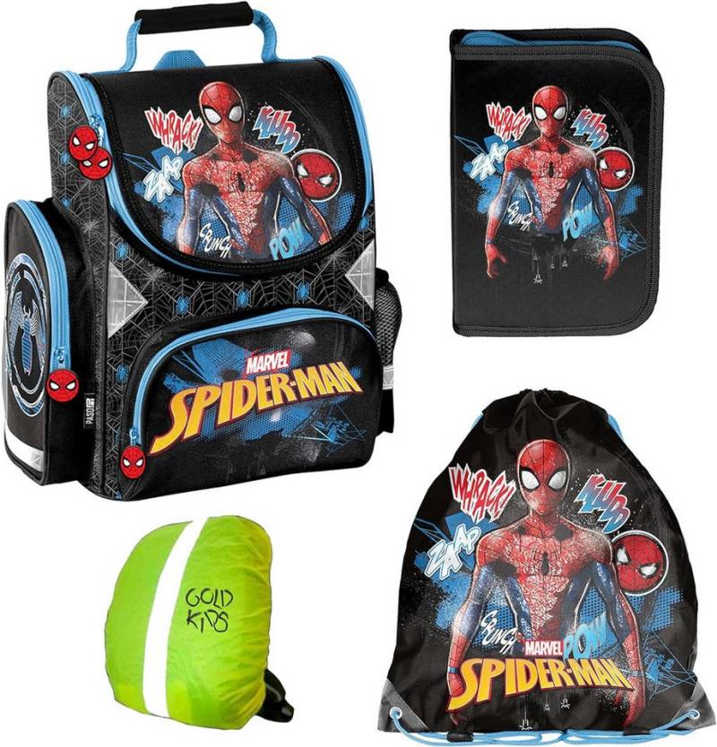 GOLDKIDS Schulranzen Spiderman Set (ergonomischer Ranzen Federmappe, 1-tlg., Turnbeutel Regenschutz 4 teiliges Set), Lizenzartikel von GOLDKIDS