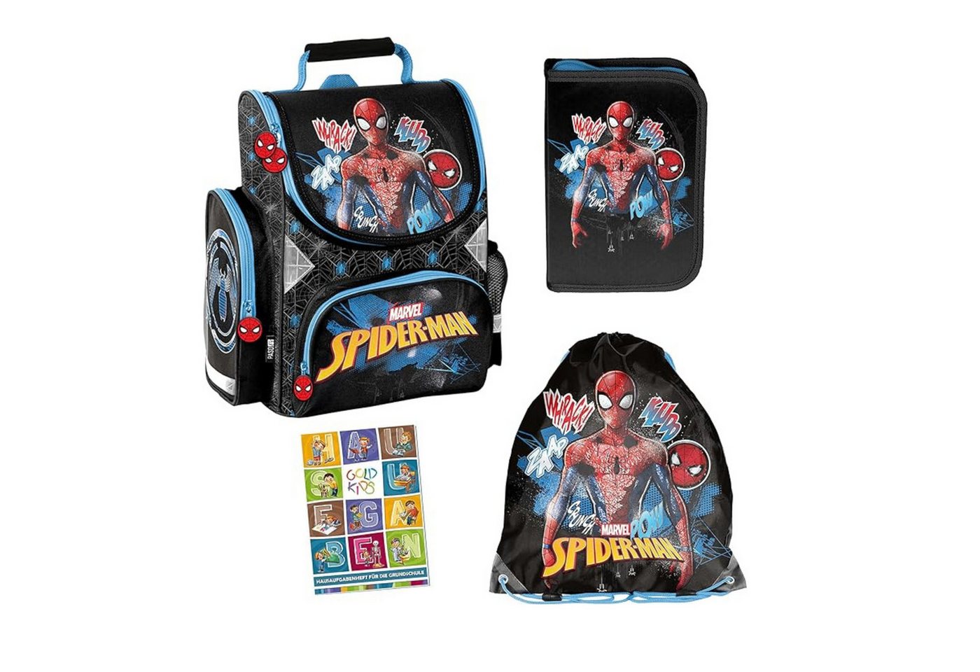 GOLDKIDS Schulranzen Spiderman ergonomischer Ranzen Federmappe (Turnbeutel Aufgabenheft für die, 1-tlg., Grundschule 4er Set Lizenzartikel), Marvel Spiderman Spider-man von GOLDKIDS