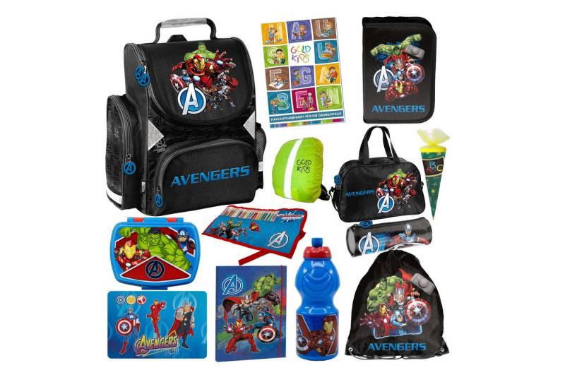 GOLDKIDS Schulranzen für Jungen, 13er-Set - (Schul-Rucksack für Kinder mit Federmäppchen, 1-tlg., - Schuhbeutel Brotdose und Trinkflasche), - Avengers Motiv - 1-3 Klasse von GOLDKIDS