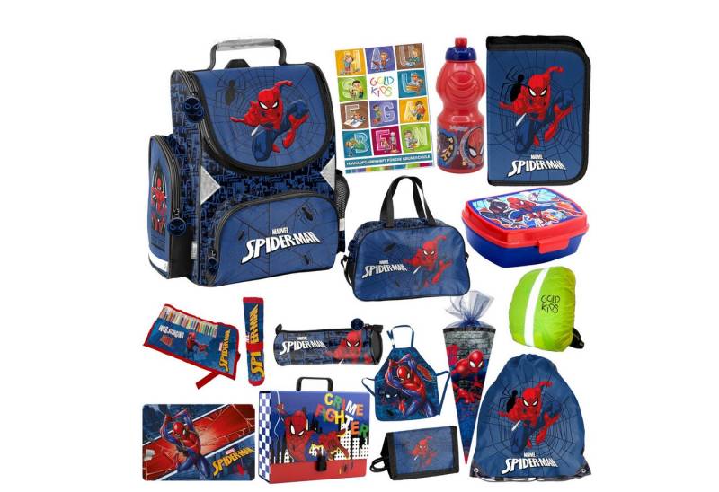 GOLDKIDS Schulranzen für Jungen, 15er-Set (Schul-Rucksack für Kinder mit Federmäppchen, 1-tlg., - Schuhbeutel Brotdose und Trinkflasche), - Spiderman Motiv - 1-3 Klasse von GOLDKIDS