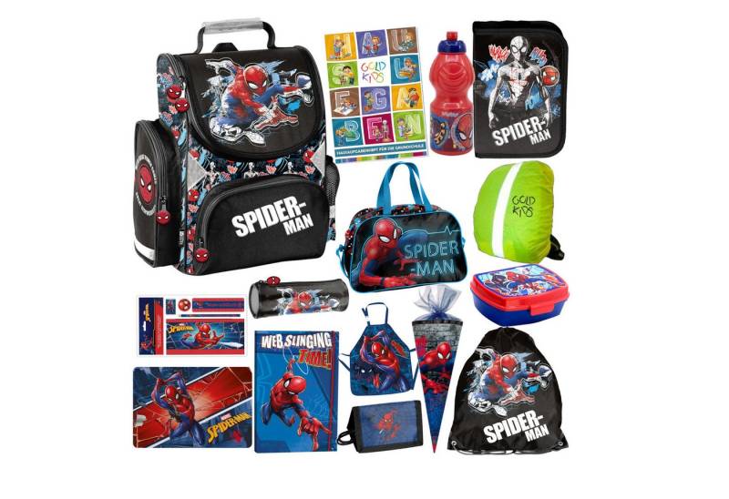 GOLDKIDS Schulranzen für Jungen, 15er-Set - (Schul-Rucksack für Kinder mit Federmäppchen, 1-tlg., - Schuhbeutel Brotdose und Trinkflasche), - Spiderman Motiv - 1-3 Klasse von GOLDKIDS