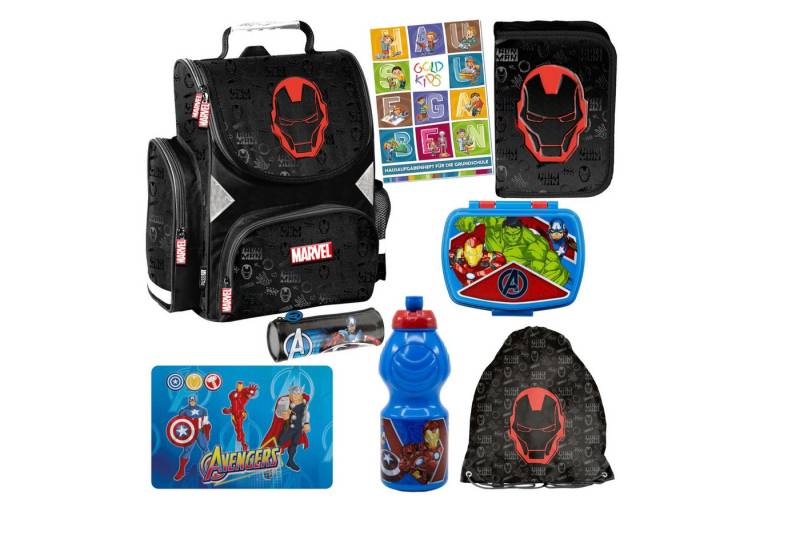 GOLDKIDS Schulranzen für Jungen, 8er- (Set - Schul-Rucksack für Kinder mit Federmäppchen, 1-tlg., - Schuhbeutel Brotdose und Trinkflasche), - Avengers Motiv - 1-3 Klasse von GOLDKIDS