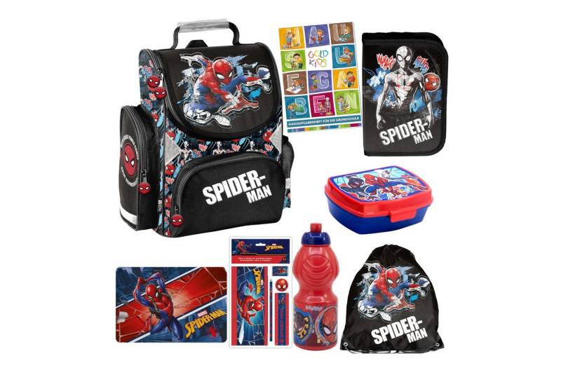 GOLDKIDS Schulranzen für Jungen 8er-Set - (Schul-Rucksack für Kinder mit Federmäppchen, 1-tlg., - Schuhbeutel Brotdose und Trinkflasche), - Spiderman Motiv - 1-3 Klasse von GOLDKIDS