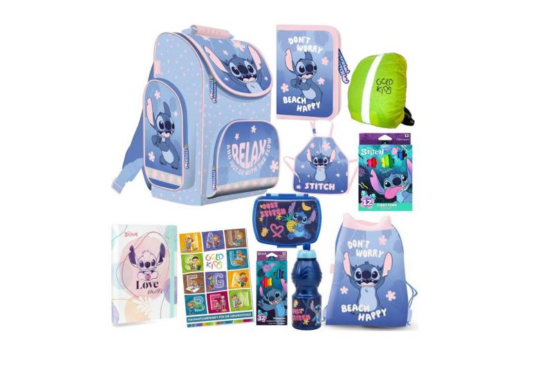 GOLDKIDS Schulranzen für Jungen und Mädchen, 11er-Set - (Schul-Rucksack für Kinder mit Federmäppchen-, 1-tlg., Schuhbeutel Trinkflasche und Brotdose), - Stitch von GOLDKIDS