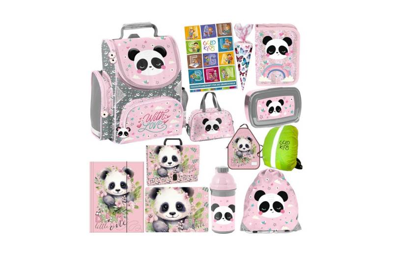 GOLDKIDS Schulranzen für Jungen und Mädchen, 13er-Set - Schul-Rucksack (für Kinder mit Federmäppchen -, 1-tlg., Schuhbeutel Trinkflasche und), Brotdose - Panda Motiv- 1-3 Klasse von GOLDKIDS