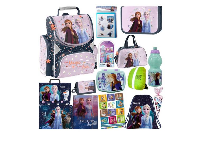 GOLDKIDS Schulranzen für Jungen und Mädchen, 15er-Set - (Schul-Rucksack für Kinder mit Federmäppchen, 1-tlg., - Schuhbeutel Trinkflasche und Brotdose), - Eiskönigin Motiv- 1-3 Klasse von GOLDKIDS