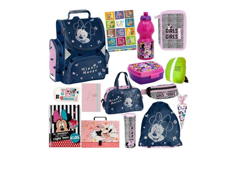 GOLDKIDS Schulranzen für Jungen und Mädchen, 15er-Set - (Schul-Rucksack für Kinder mit Federmäppchen, 1-tlg., - Schuhbeutel Trinkflasche und Brotdose), - Minnie Motiv- 1-3 Klasse von GOLDKIDS