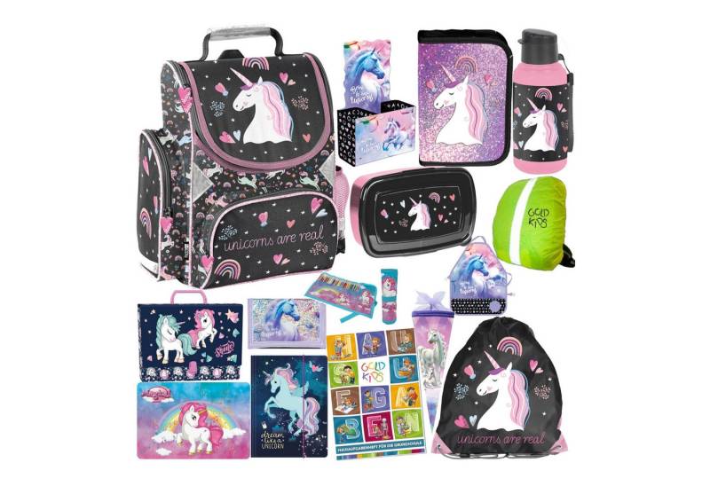 GOLDKIDS Schulranzen für Jungen und Mädchen, 15er-Set - (Schul-Rucksack für Kinder mit Federmäppchen -, 1-tlg., Schuhbeutel Trinkflasche und), Brotdose - Einhorn Motiv- 1-3 Klasse von GOLDKIDS