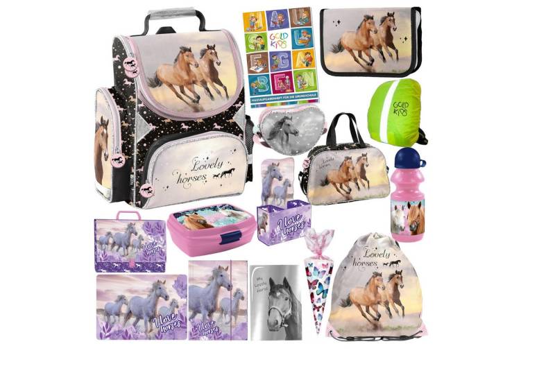 GOLDKIDS Schulranzen für Jungen und Mädchen, 15er-Set - (Schul-Rucksack für Kinder mit Federmäppchen -, 1-tlg., Schuhbeutel Trinkflasche und), Brotdose - Pferd Motiv- 1-3 Klasse von GOLDKIDS