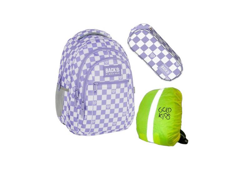 GOLDKIDS Schulranzen für Jungen und Mädchen, 3er-Set - (Schul-Rucksack für, Kinder mit Schlampermäppchen), Regenschutz - Schachbrettmuster von GOLDKIDS