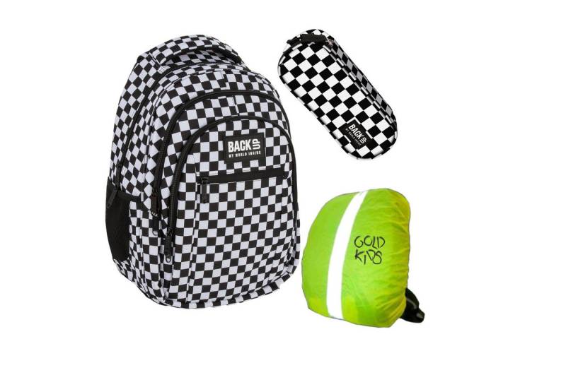GOLDKIDS Schulranzen für Jungen und Mädchen, 3er-Set - (Schul-Rucksack für, Kinder mit Schlampermäppchen), Regenschutz - Schachbrettmuster von GOLDKIDS