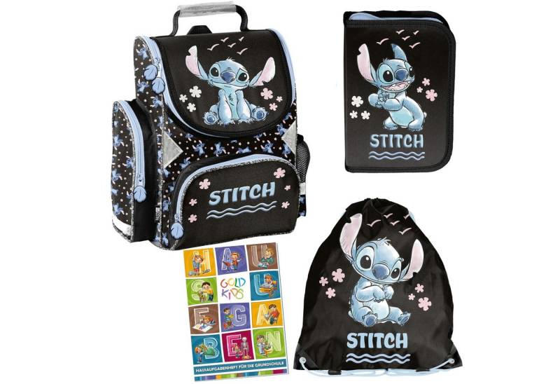 GOLDKIDS Schulranzen für Jungen und Mädchen, 4er-Set - (Schul-Rucksack für Kinder, mit Federmäppchen - Schuhbeutel), - Stitch Motiv- 1-3 Klasse von GOLDKIDS