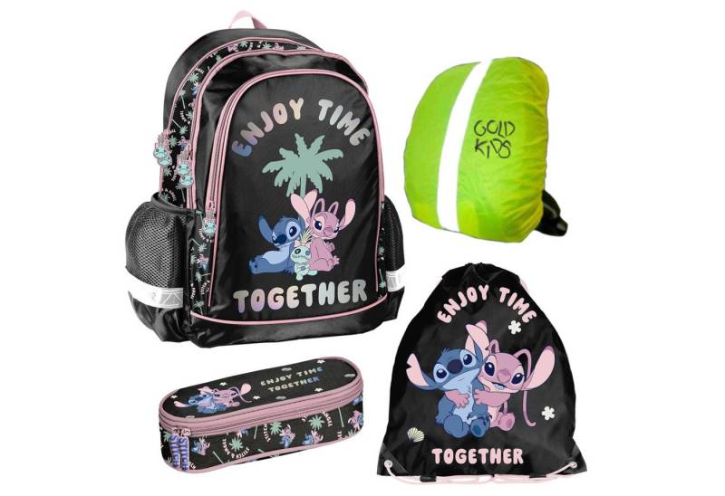 GOLDKIDS Schulranzen für Jungen und Mädchen, 4er-Set - (Schul-Rucksack für Kinder mit Federmäppchen, - Schuhbeutel), - Stitch Motiv- 1-3 Klasse von GOLDKIDS
