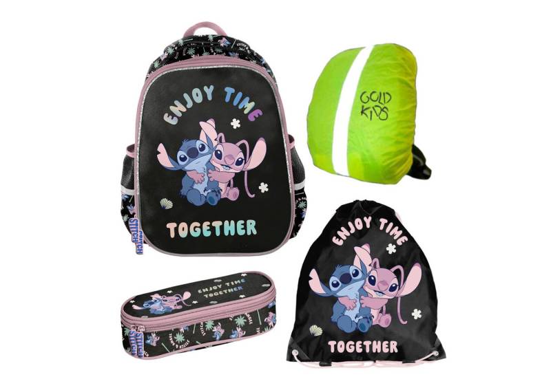 GOLDKIDS Schulranzen für Jungen und Mädchen, 4er-Set - (Schul-Rucksack für Kinder mit Federmäppchen, - Schuhbeutel), - Stitch Motiv- 1-3 Klasse von GOLDKIDS