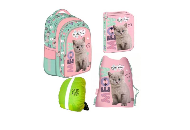 GOLDKIDS Schulranzen für Jungen und Mädchen, 4er-Set - (4er-Set - Schul-Rucksack für Kinder mit, Federmäppchen - Schuhbeutel und Regenschutz), - Katze Motiv von GOLDKIDS