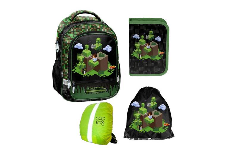 GOLDKIDS Schulranzen für Jungen und Mädchen, 4er-Set - (Schul-Rucksack für, 1-tlg., Kinder mit Federmäppchen), Schuhbeutel und Regenschutz - Game Motiv- 1-3 Klasse von GOLDKIDS