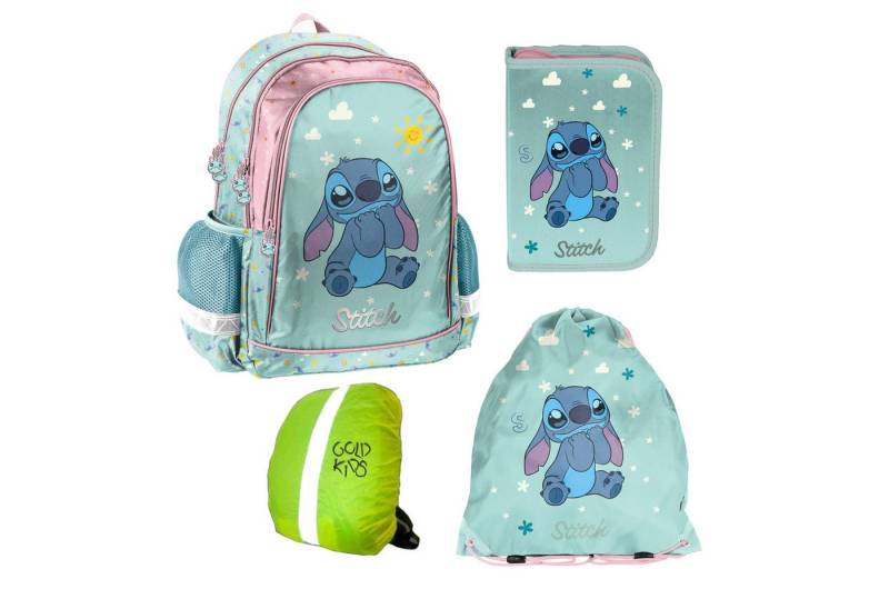 GOLDKIDS Schulranzen für Jungen und Mädchen, 4er-Set - (Schul-Rucksack für, 1-tlg., Kinder mit Federmäppchen - Schuhbeutel), - Stitch Motiv- 1-3 Klasse von GOLDKIDS