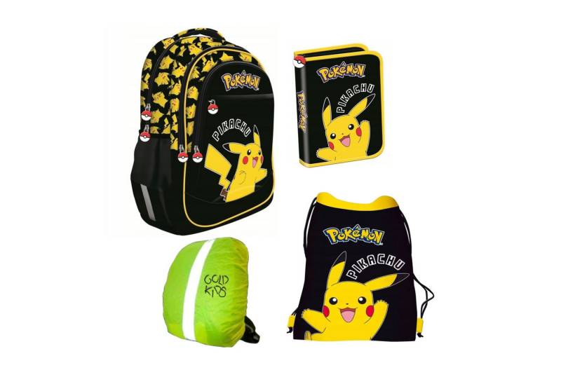 GOLDKIDS Schulranzen für Jungen und Mädchen, 4er-Set - (Schul-Rucksack für Kinder mit, 1-tlg., Federmäppchen - Schuhbeutel und Regenschutz), - Pokemon Motiv - 1-3 Klasse von GOLDKIDS